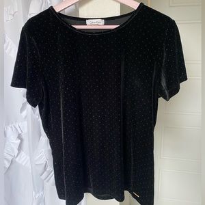 MUST HAVE STUNNING CALVIN KLEIN velvet style black top embellished w/dainty dots